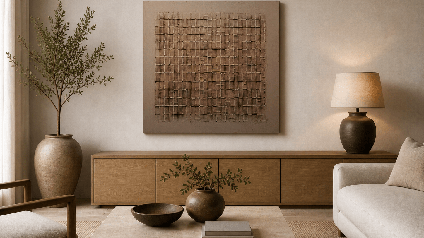 Square beige textured grid wall art above a wood console in a neutral living room
