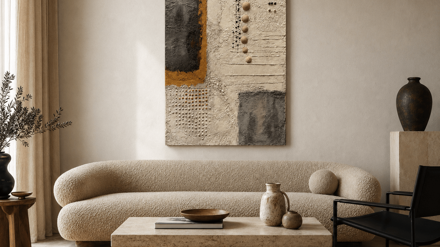 Earth-tone geometric textured wall art above a curved cream sofa