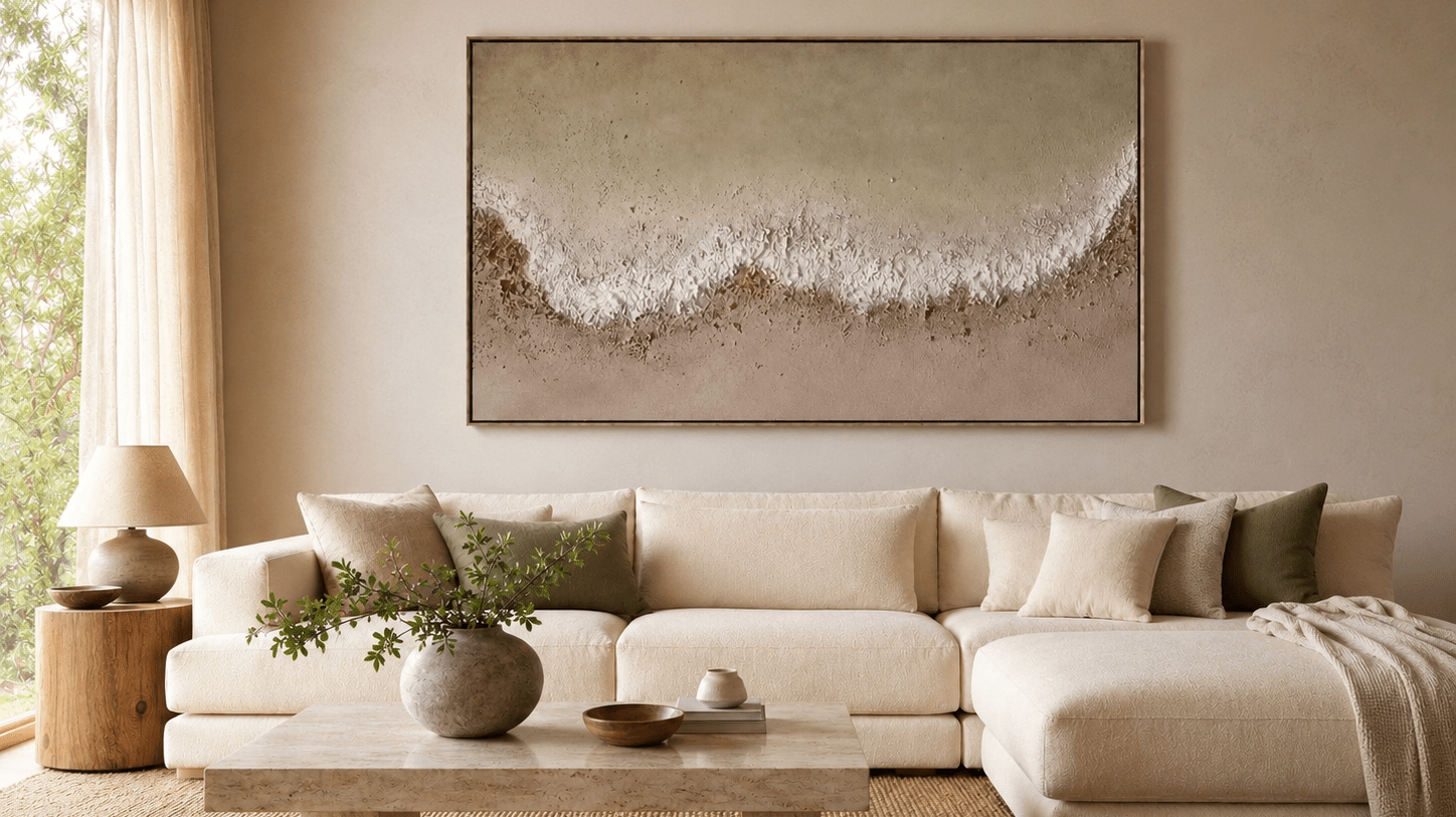 Sage green textured seascape wall art above a white sectional sofa