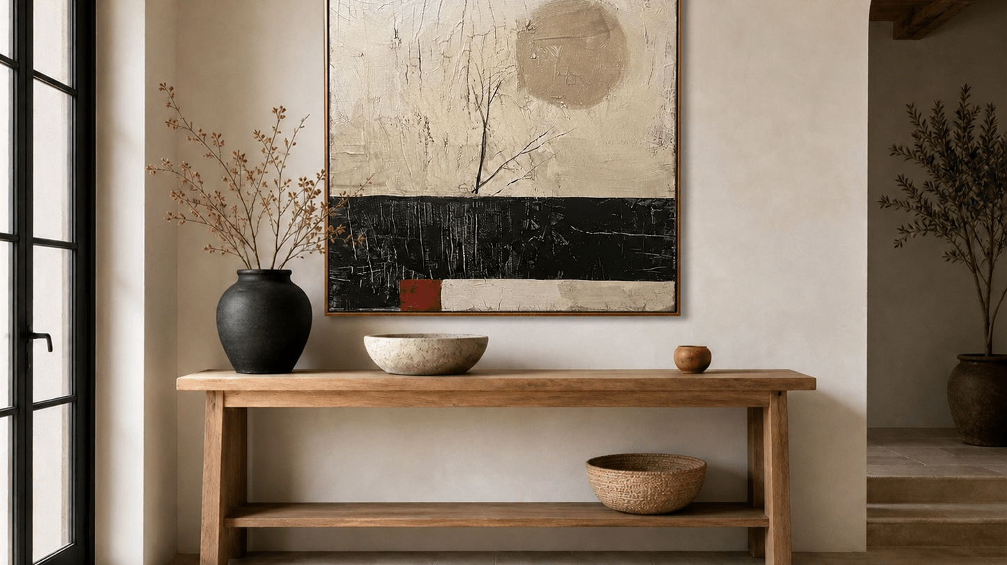 Black and beige abstract wall art above a wood console in a neutral interior