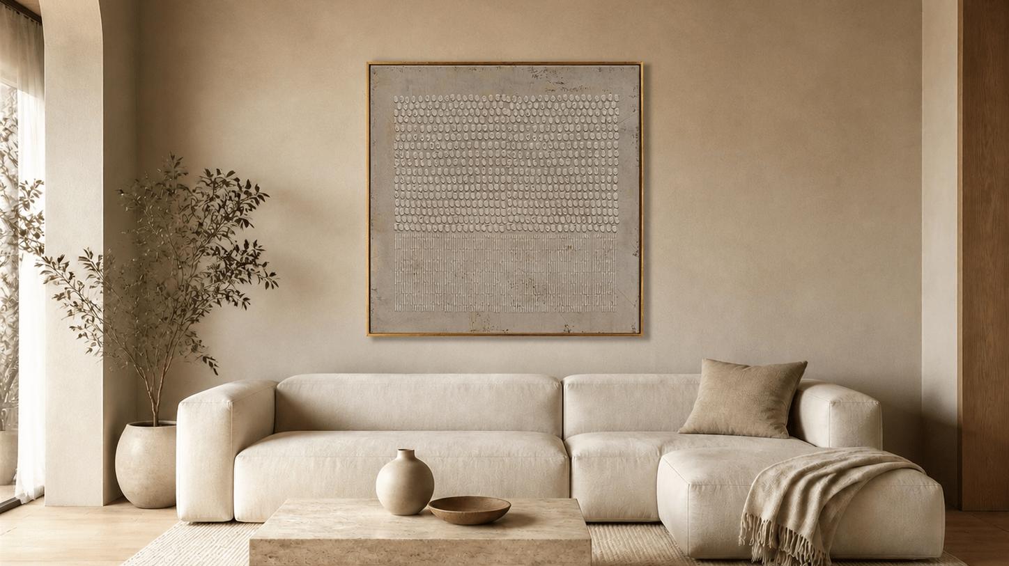 Beige geometric dotted-relief wall art above a cream sofa