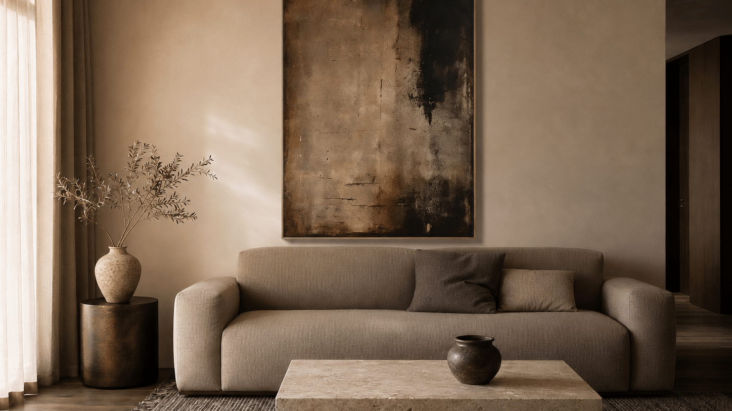 Brown and black Wabi-Sabi abstract wall art above a taupe sofa
