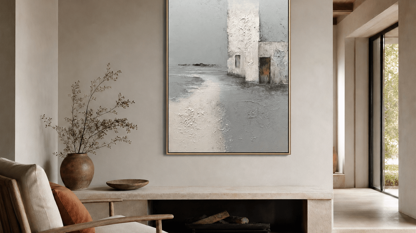 Gray architectural textured wall art above a modern fireplace
