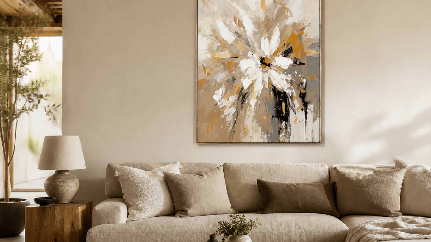 Gold abstract floral wall art above a beige sofa in a warm living room