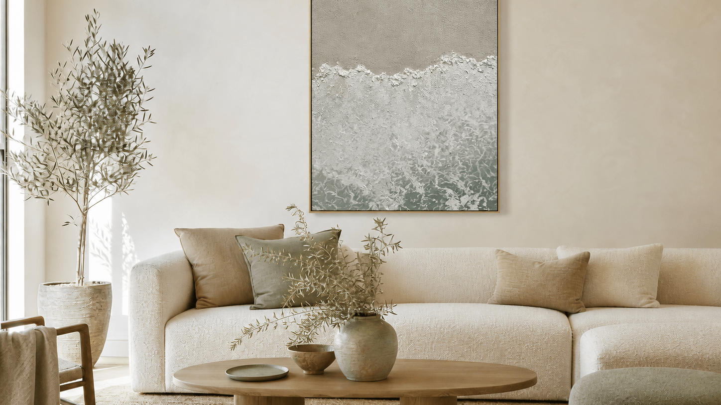 Textured beach wall art with white surf and sage water above a cream sofa