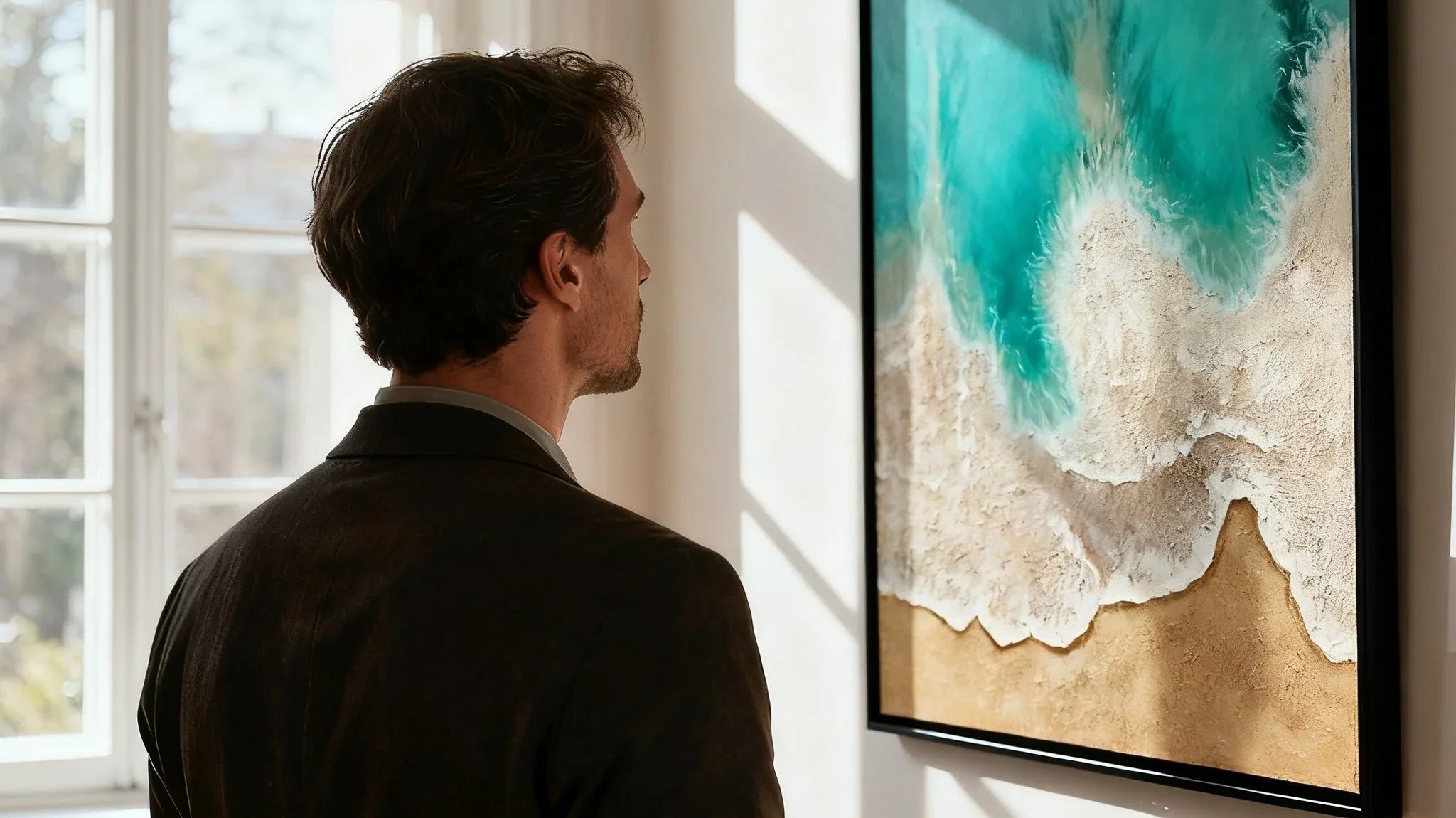 Large-scale textural abstract paintings break the monotony of flatness in a minimalist space through tactile sensation.