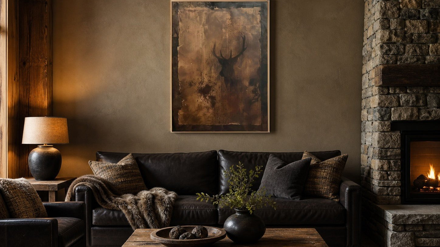 Rustic deer silhouette wall art above a leather sofa in a modern lodge living room