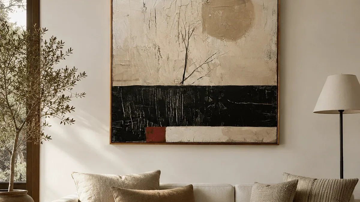 Black and beige abstract wall art above a cream sofa in a warm neutral living room.