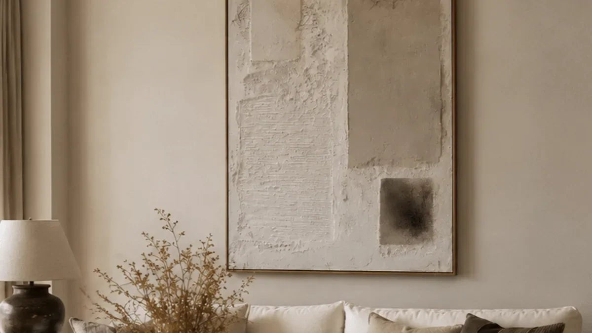 Heavy textured Wabi-Sabi wall art above a cream sofa in a warm neutral living room.