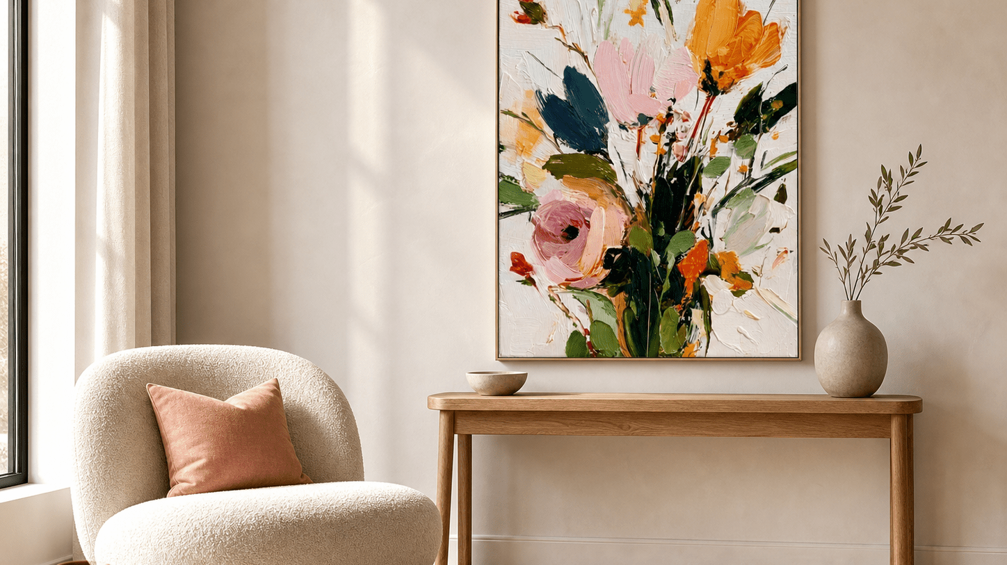 Colorful floral wall art in a warm neutral modern living room