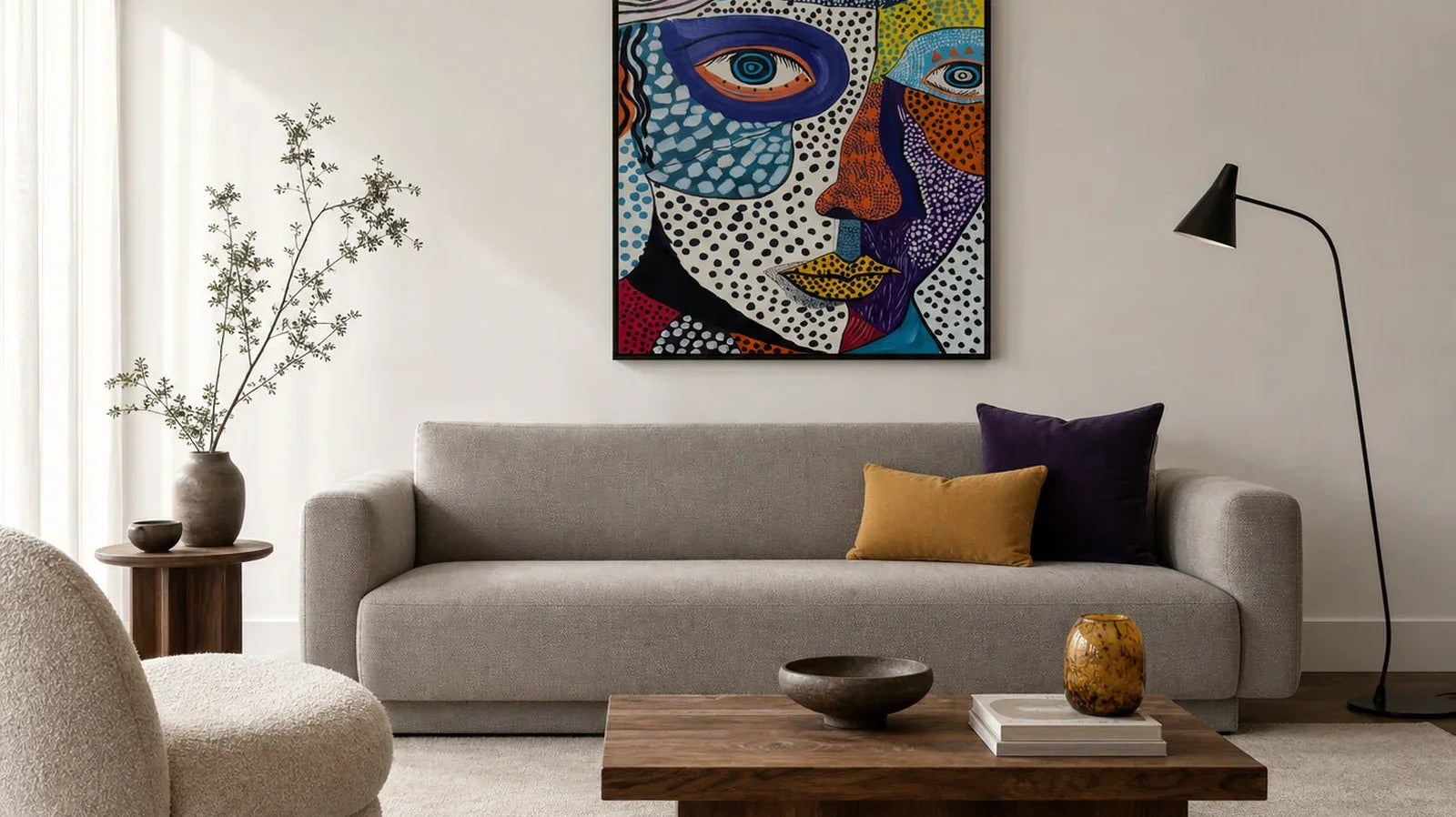 Colorful pop art portrait styled above a neutral sofa in a sophisticated living room