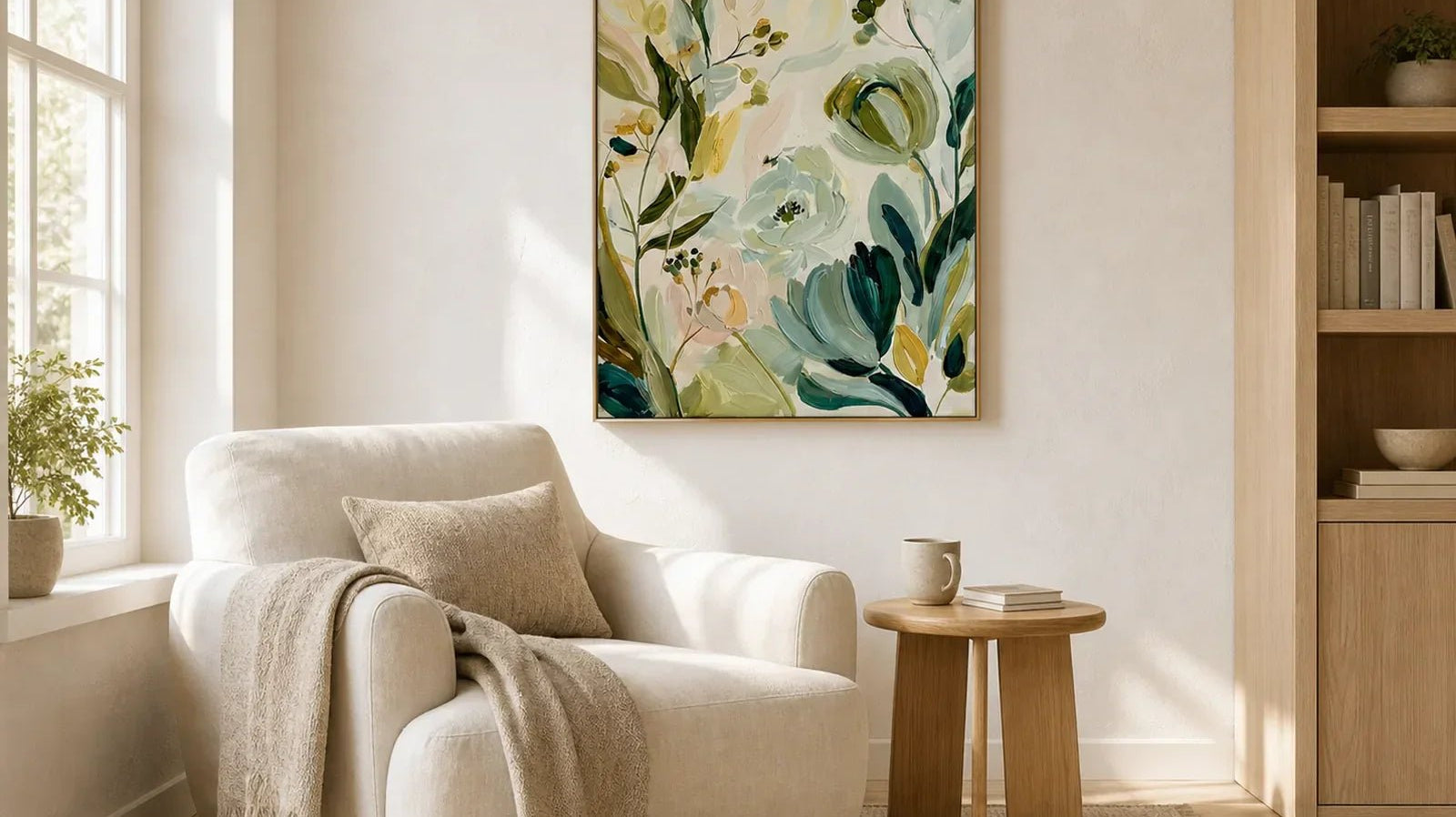 Hand-painted sage green floral wall art with soft layered blooms in a bright American reading nook