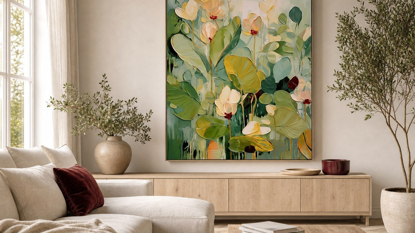 Sage green abstract floral wall art above an oak console in an organic modern living room