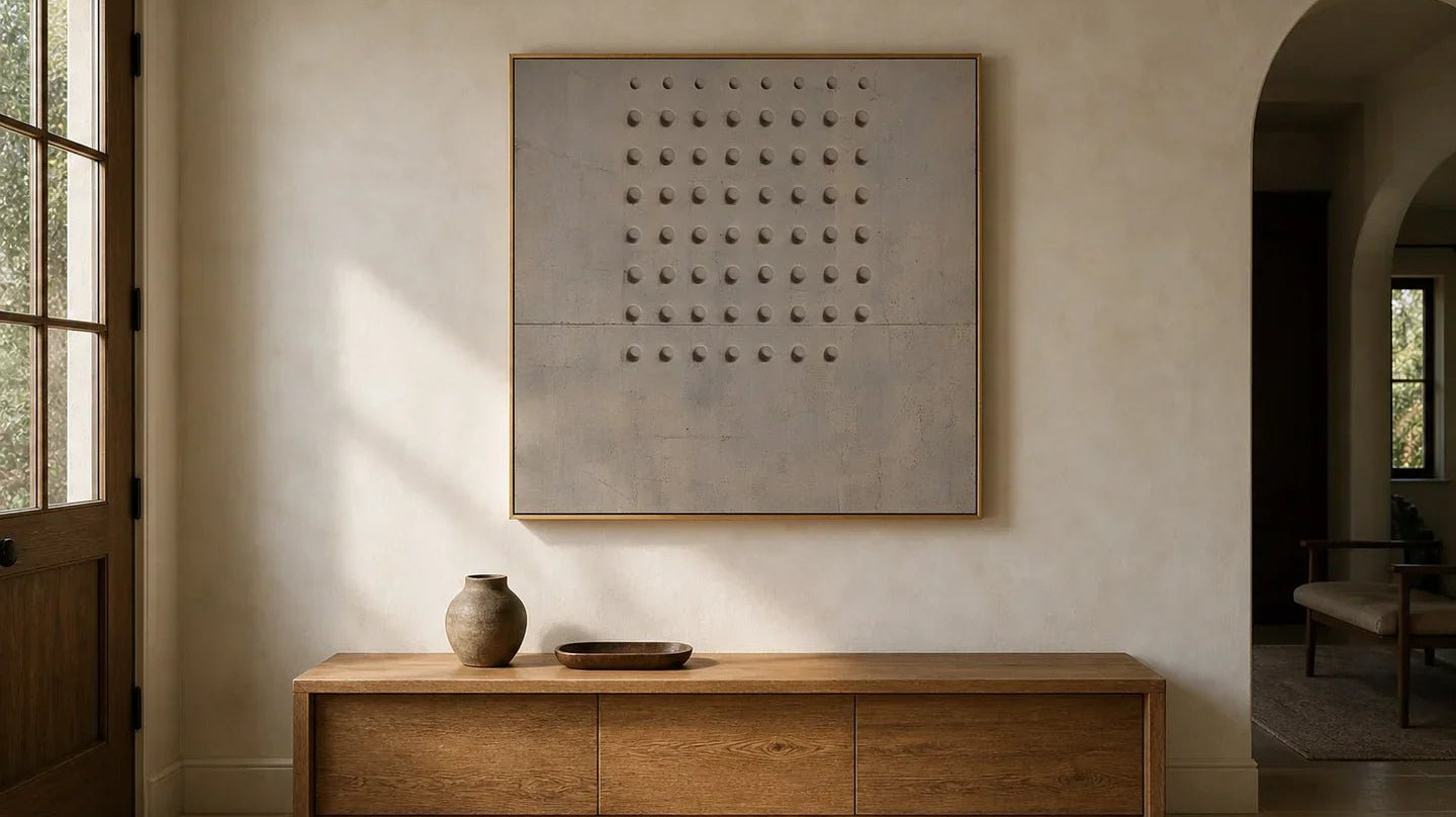 Hand-painted square taupe Wabi-Sabi wall art above an oak console in a naturally lit American entryway.