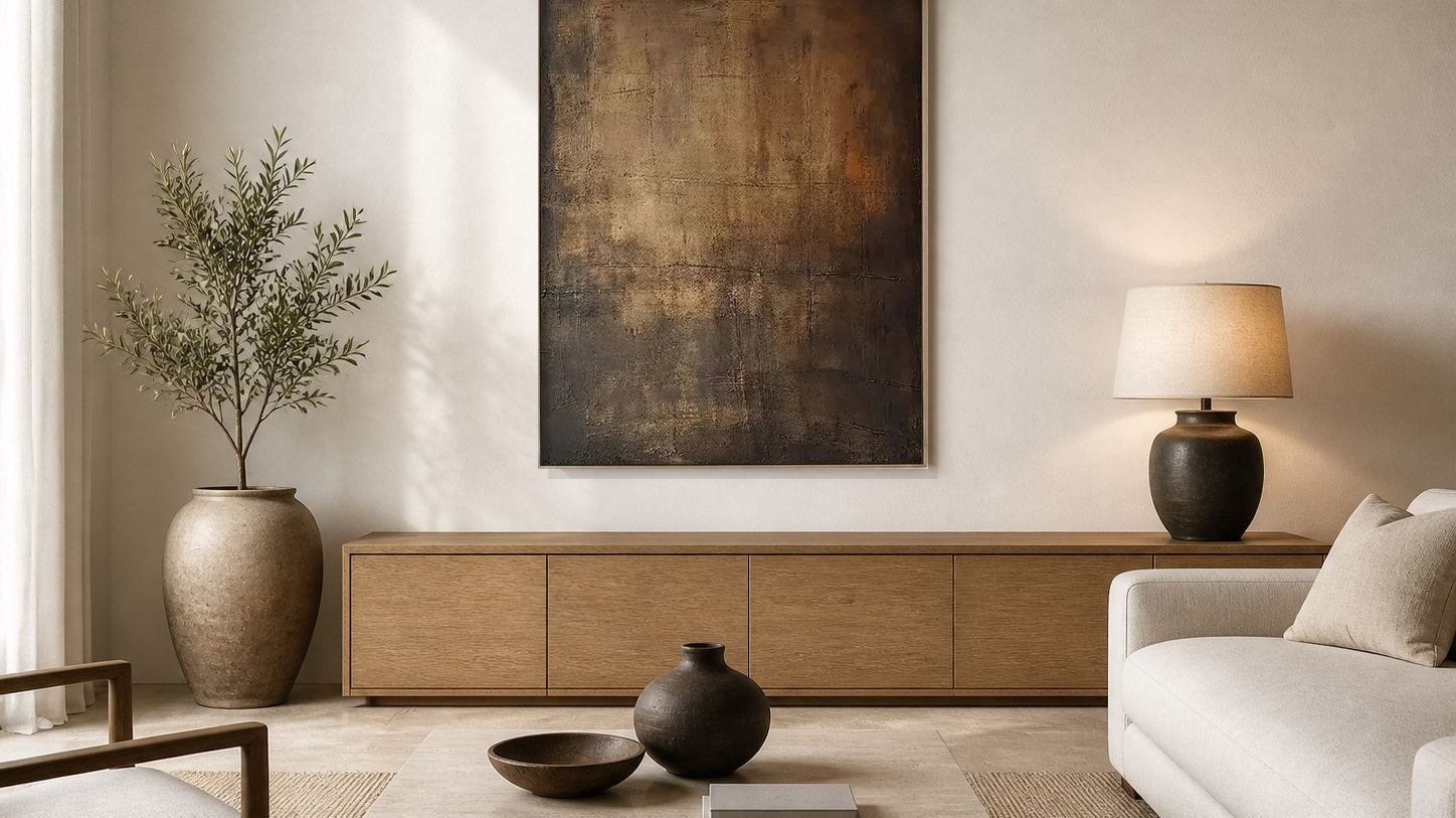 Black and bronze textured wall art in a warm neutral living room
