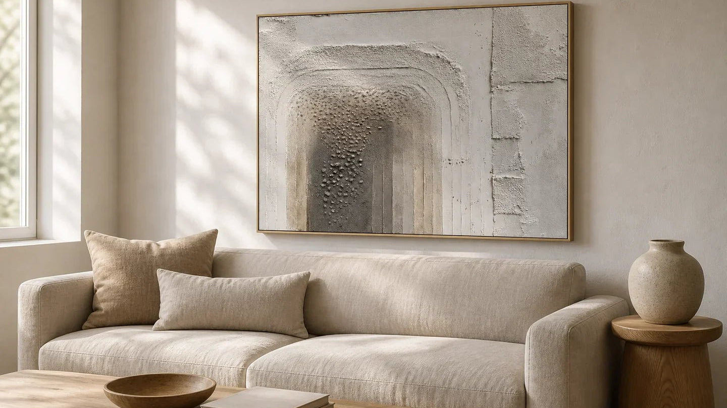 Hand-painted neutral textured wall art with layered arches above an oatmeal sofa in a naturally side-lit living room.