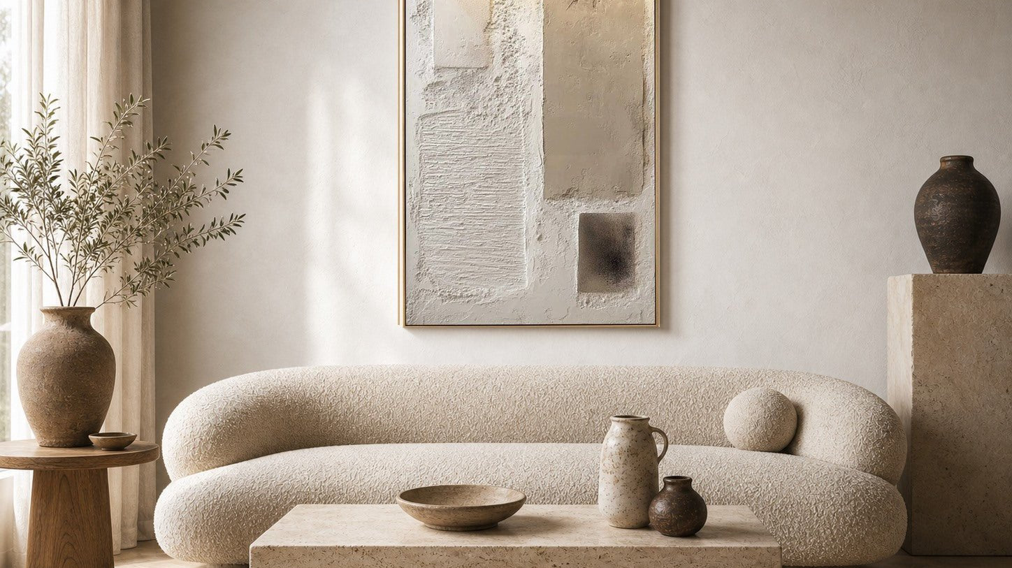 Heavy textured wabi-sabi wall art in a neutral organic modern living room