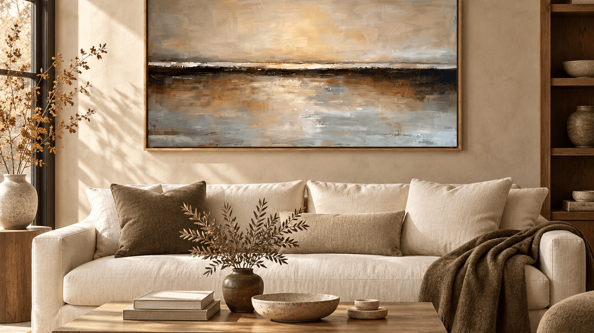 WABI Wall Art EL#0502 textured Wabi-Sabi dusk horizon landscape painting above an ivory sofa in a warm neutral living room.