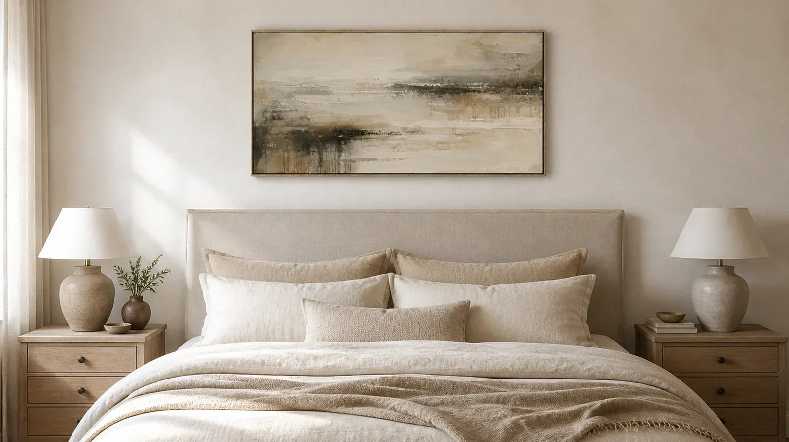 Misty Tidelands hand-painted wall art above a king bed in a neutral American bedroom.