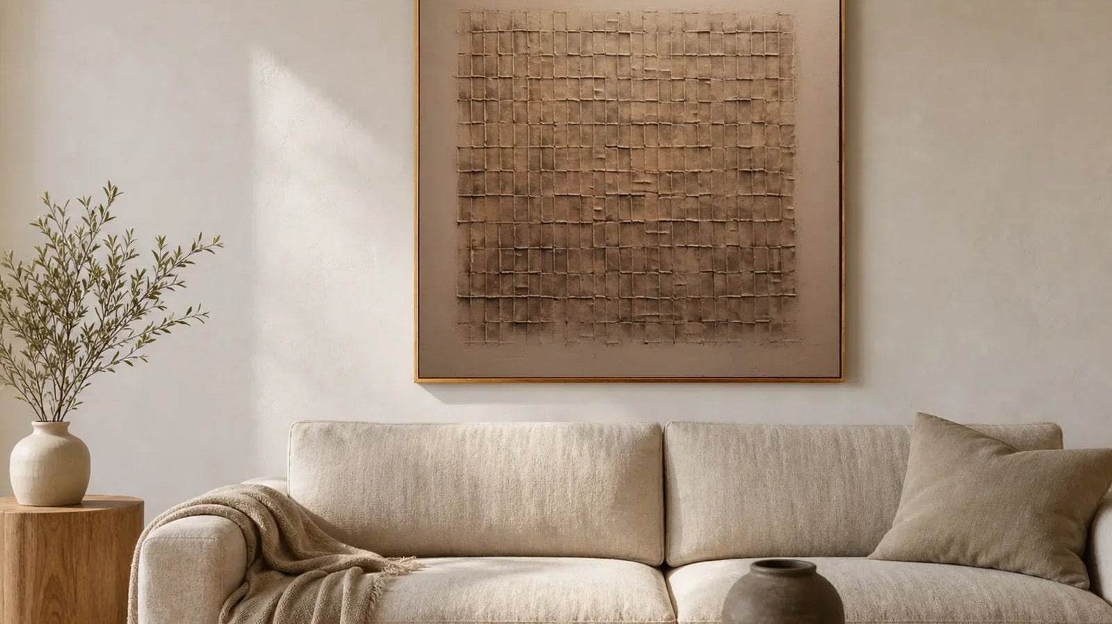 Square beige and bronze Wabi-Sabi relief painting above an oatmeal sofa in a sunlit living room.