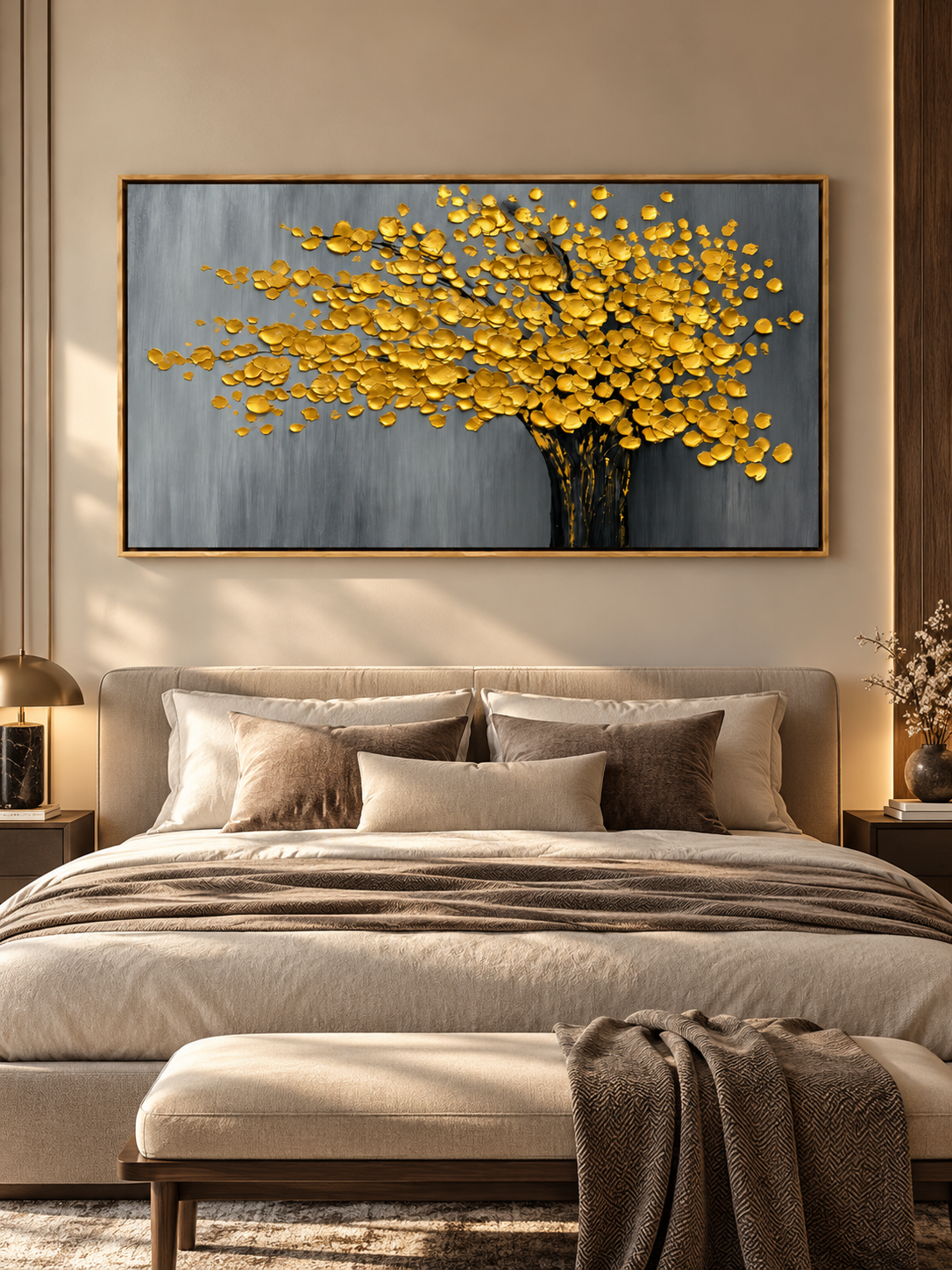 Gold and gray tree wall art displayed above a bed in an elegant contemporary neutral bedroom.