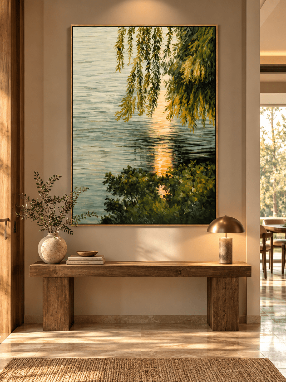 Willow tree lake canvas painting in sage green, olive and golden tones displayed in a warm modern entryway.