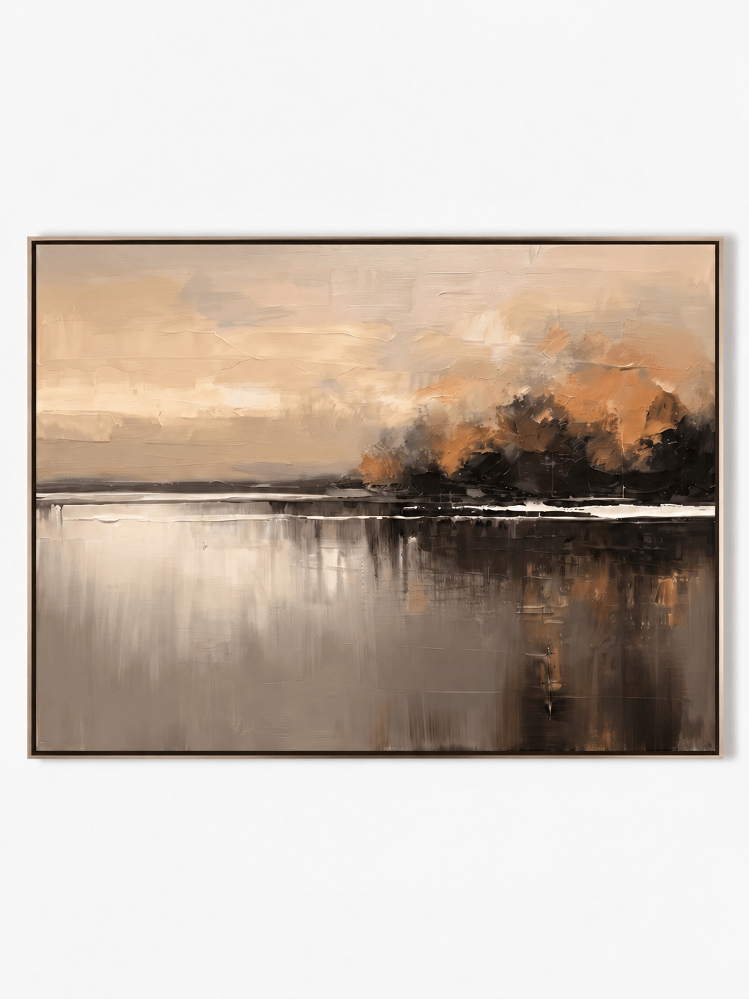Wabi-Sabi horizontal autumn twilight waterscape hand-painted textured canvas art by Evelyn Li in floating frame