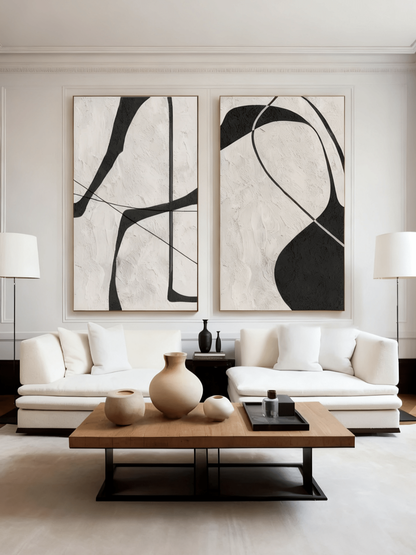 diptych abstract painting– interconnected black lines across two textured canvases, wall art for modern interiors