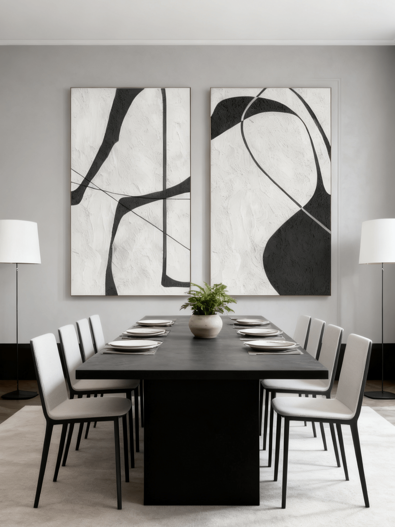Hand-painted black and white abstract textured canvas art by Lena Petrova for modern living room decor, set of 2.