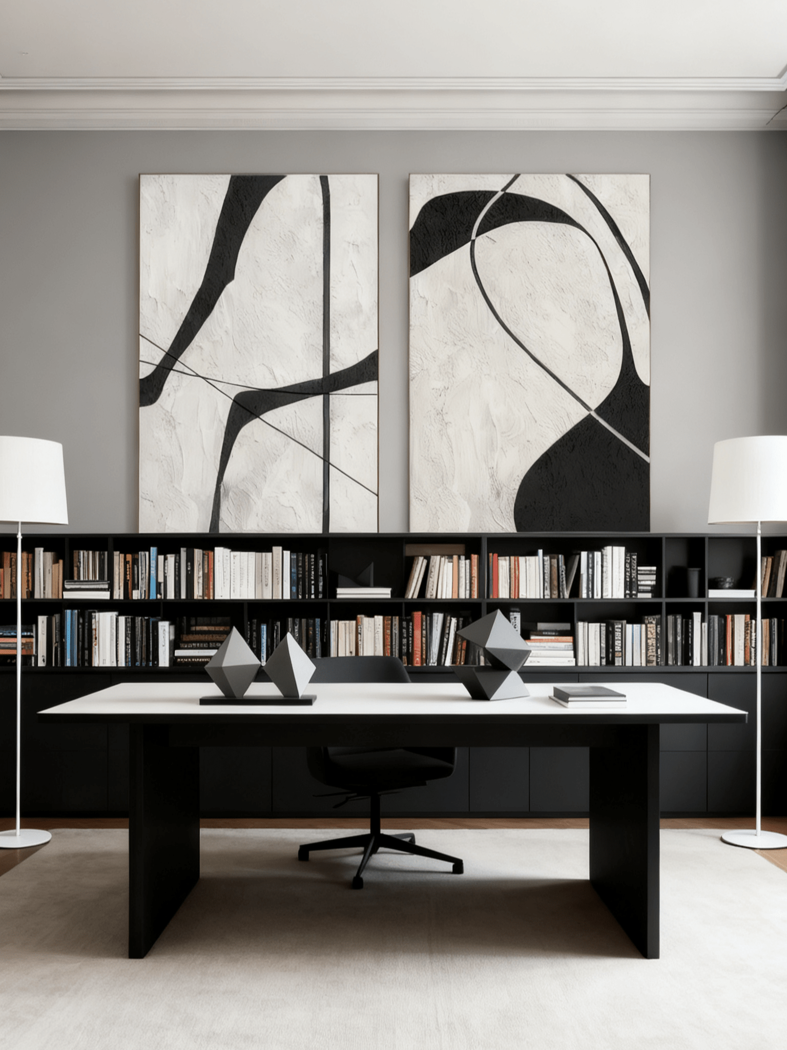 Hand-painted black and white abstract textured canvas art by Lena Petrova for modern living room decor, set of 2.