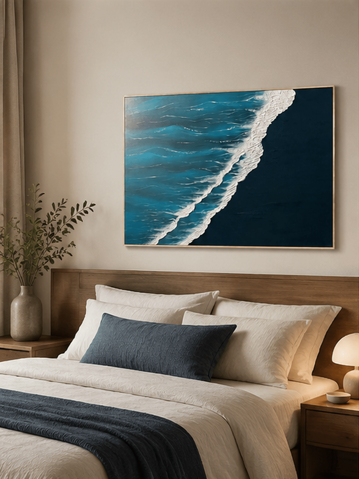 Blue textured ocean wall art displayed above the bed in a calm contemporary bedroom