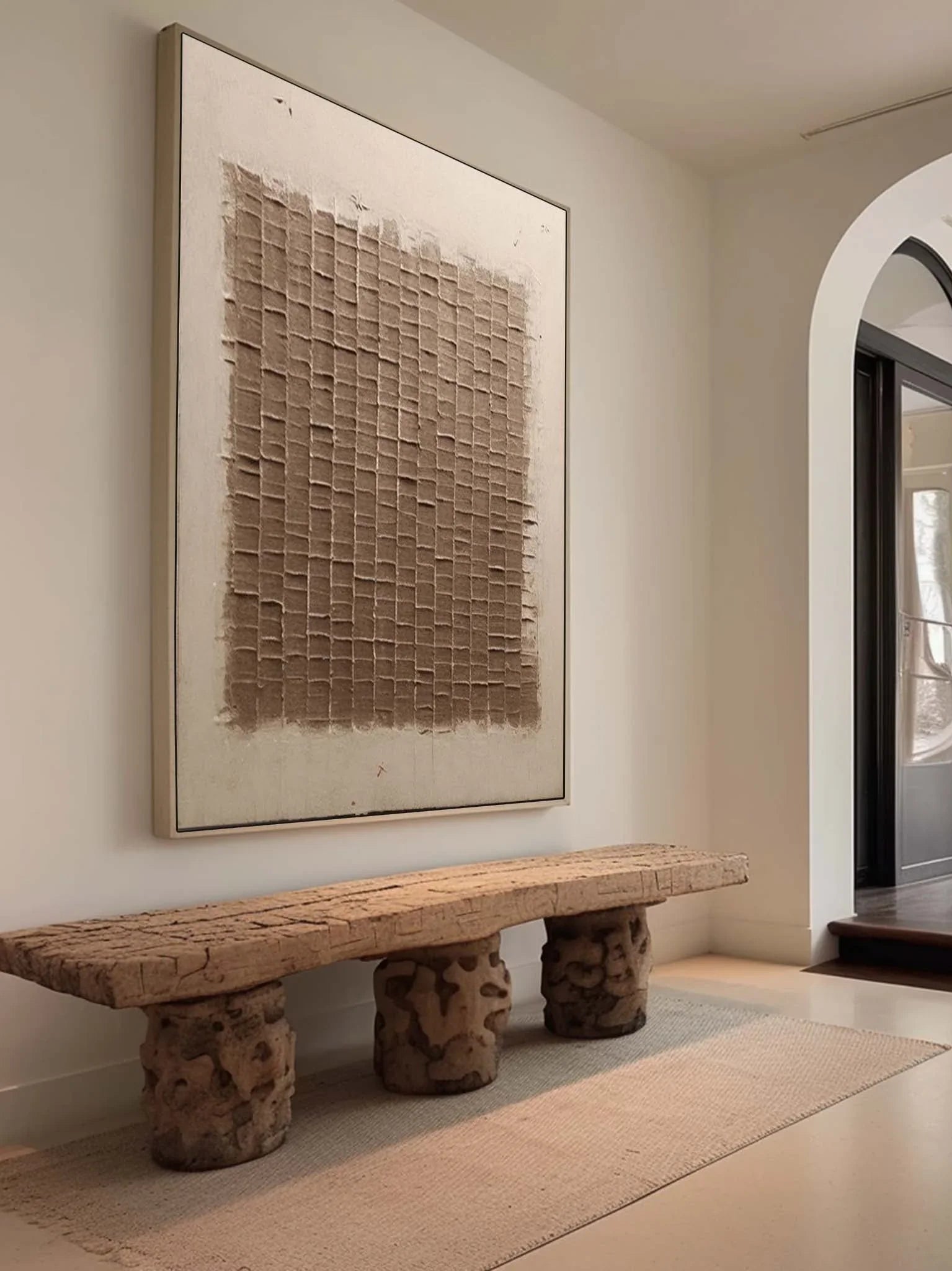 Textured grid wall art displayed in modern living room, showing brown tonal panels in contemporary home decor