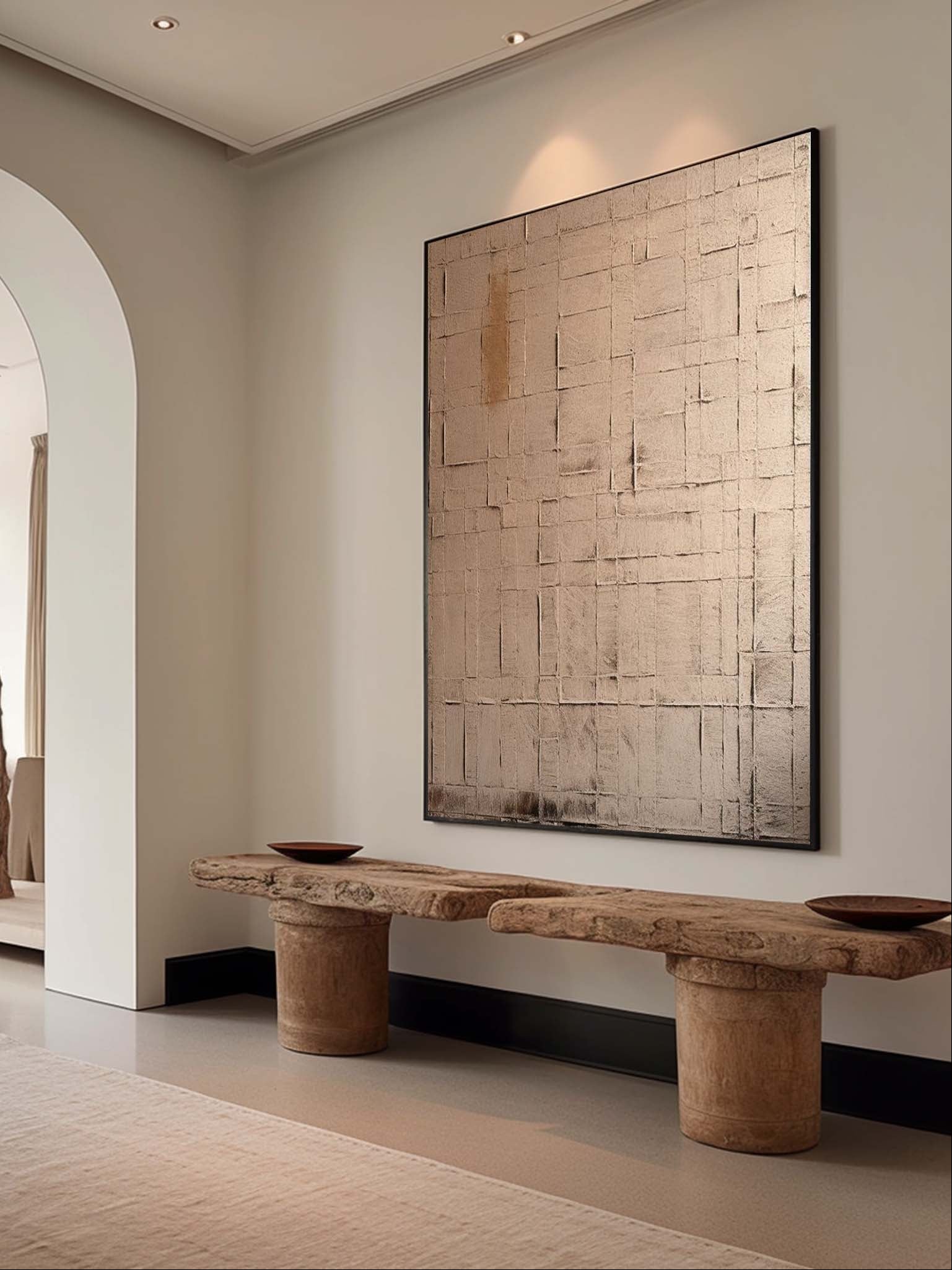 Hand-painted minimalist geometric abstract wall art featuring textured beige and taupe rectangular patterns on canvas, modern neutral artwork for contemporary living room decor.