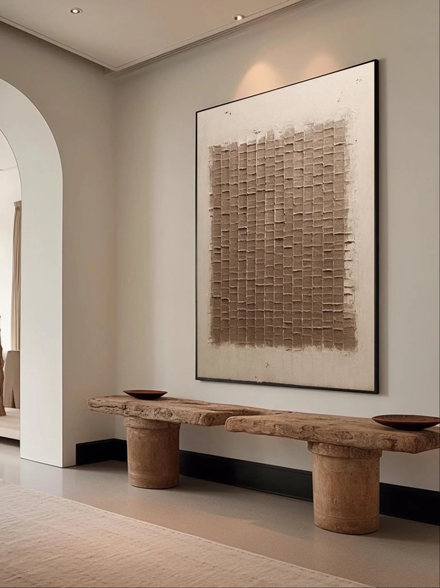 Textured grid wall art displayed in modern living room, showing brown tonal panels in contemporary home decor