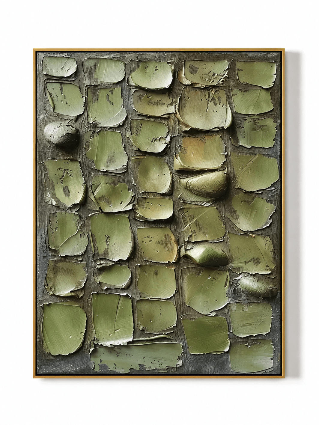 Vertical textured sage green 3D relief canvas painting by Eliot Vermeer - WABI Wall Art
