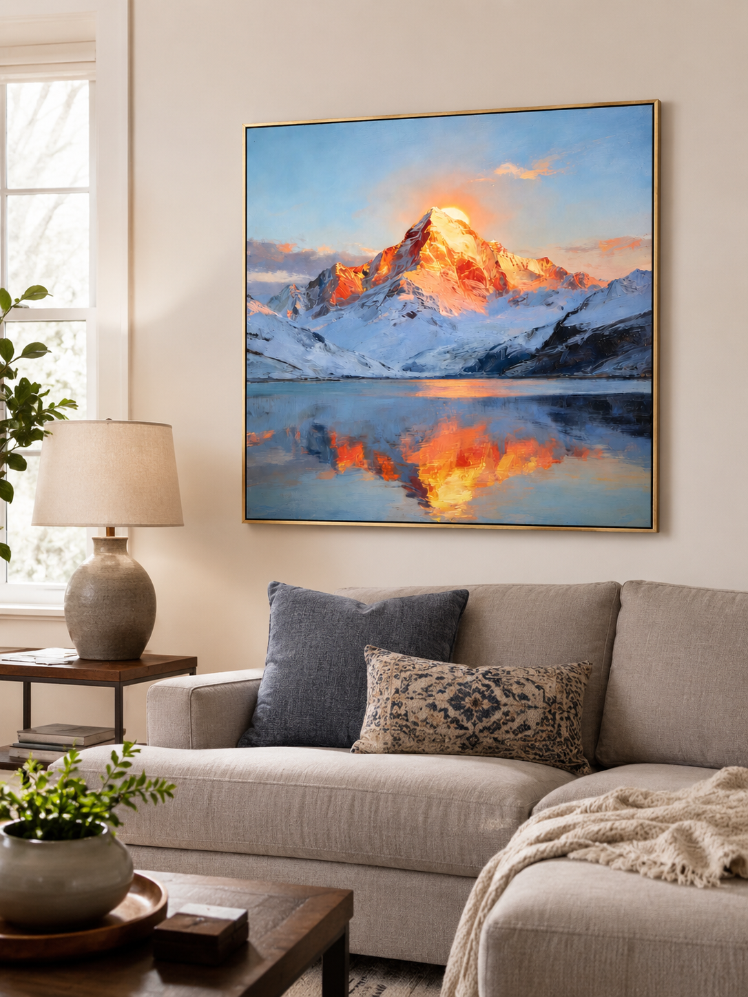 Mountain sunrise painting above a neutral sofa in a contemporary living room with warm wood accents