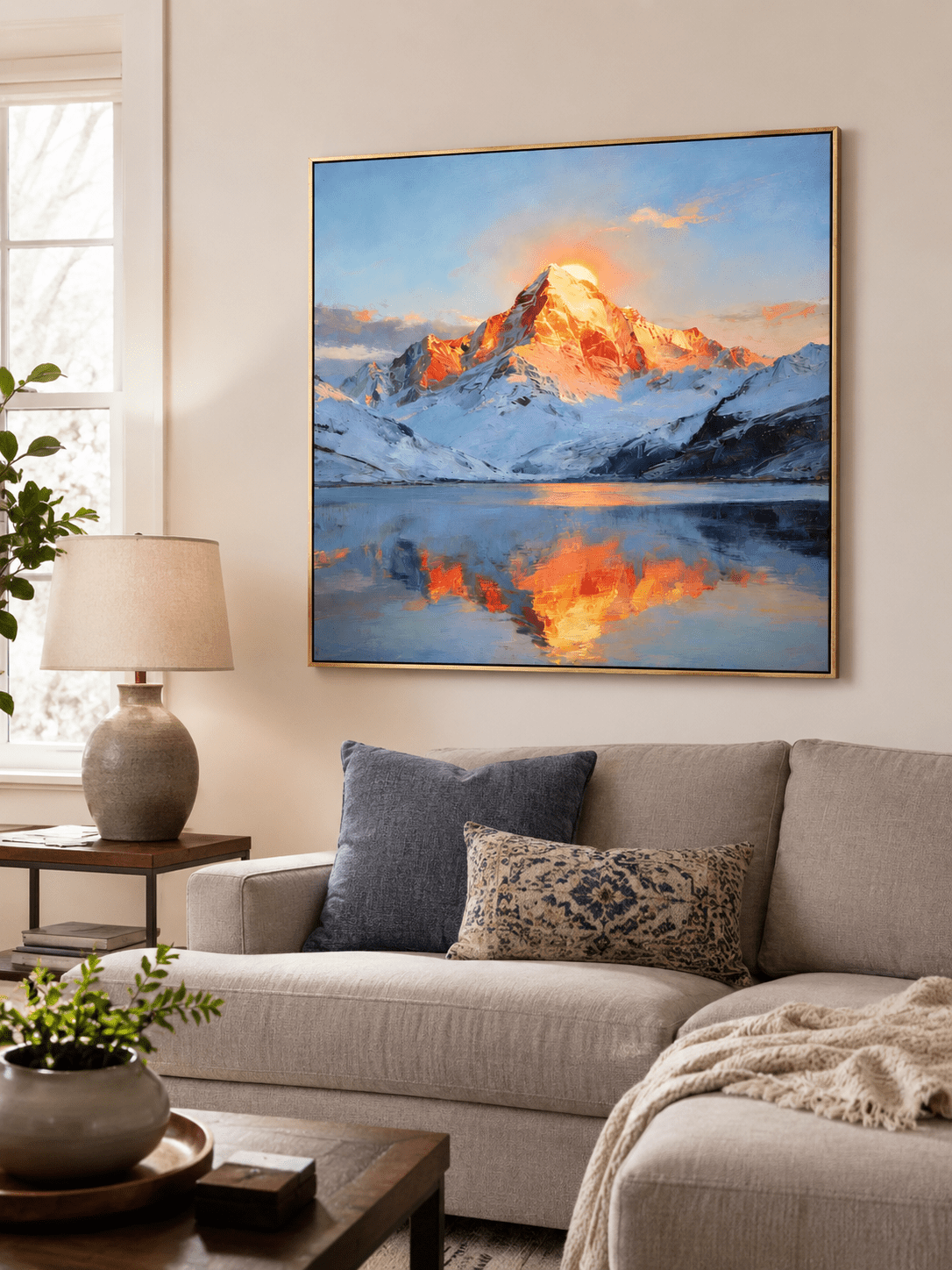 Mountain sunrise painting above a neutral sofa in a contemporary living room with warm wood accents