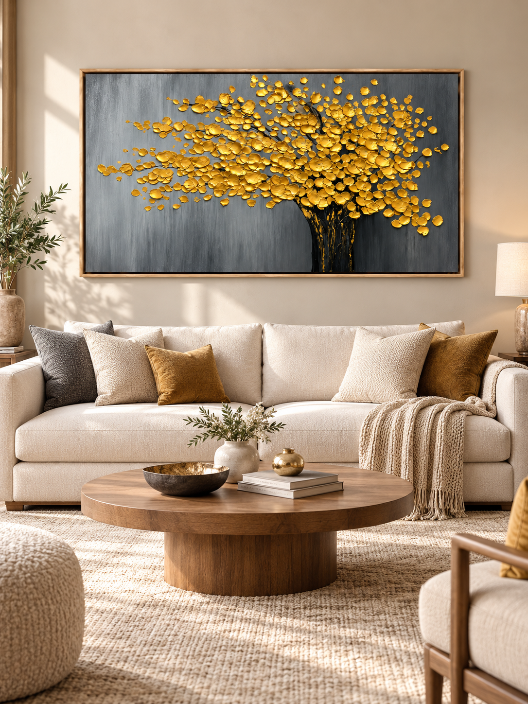 Textured golden tree canvas painting displayed above a sofa in a sophisticated modern neutral living room.