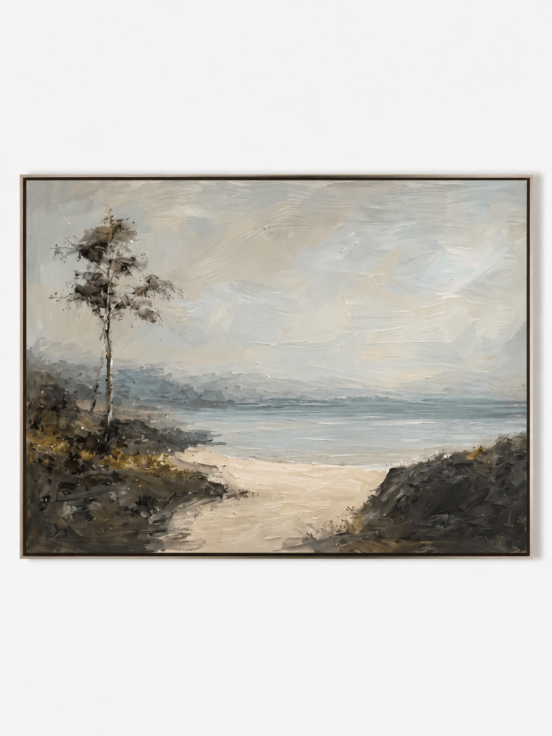 Modern Organic horizontal coastal shoreline hand-painted textured canvas art by Evelyn Li in floating frame