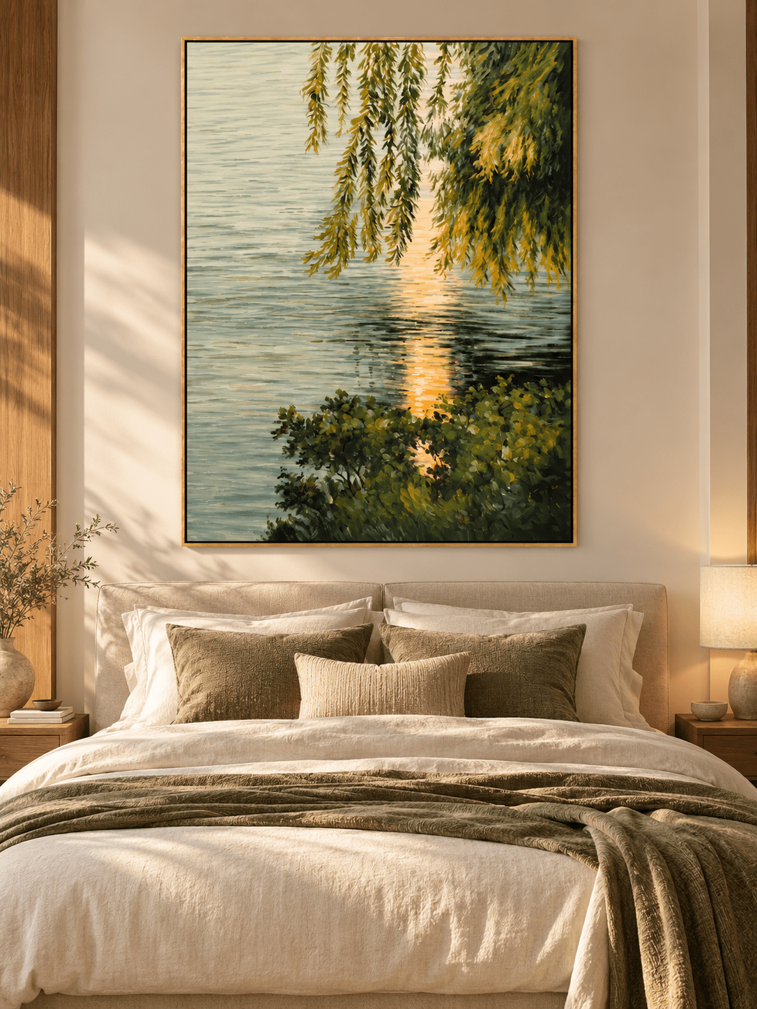 Hand-painted sunset lake landscape with hanging willow branches displayed above a dresser in a peaceful modern bedroom.