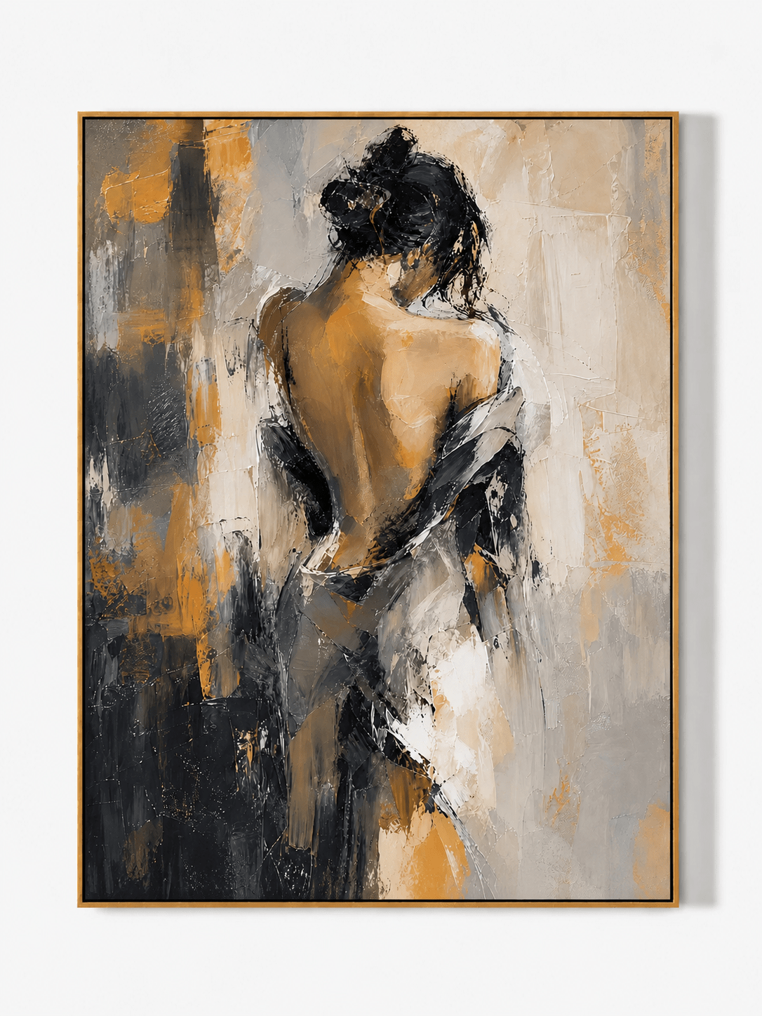 Hand-painted expressive abstract female figure in black, ochre, ivory and gray tones by Eleanor Hayes.