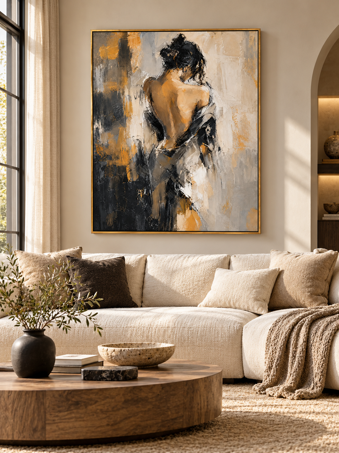 Textured abstract female figure painting displayed in a modern living room with warm neutral decor.