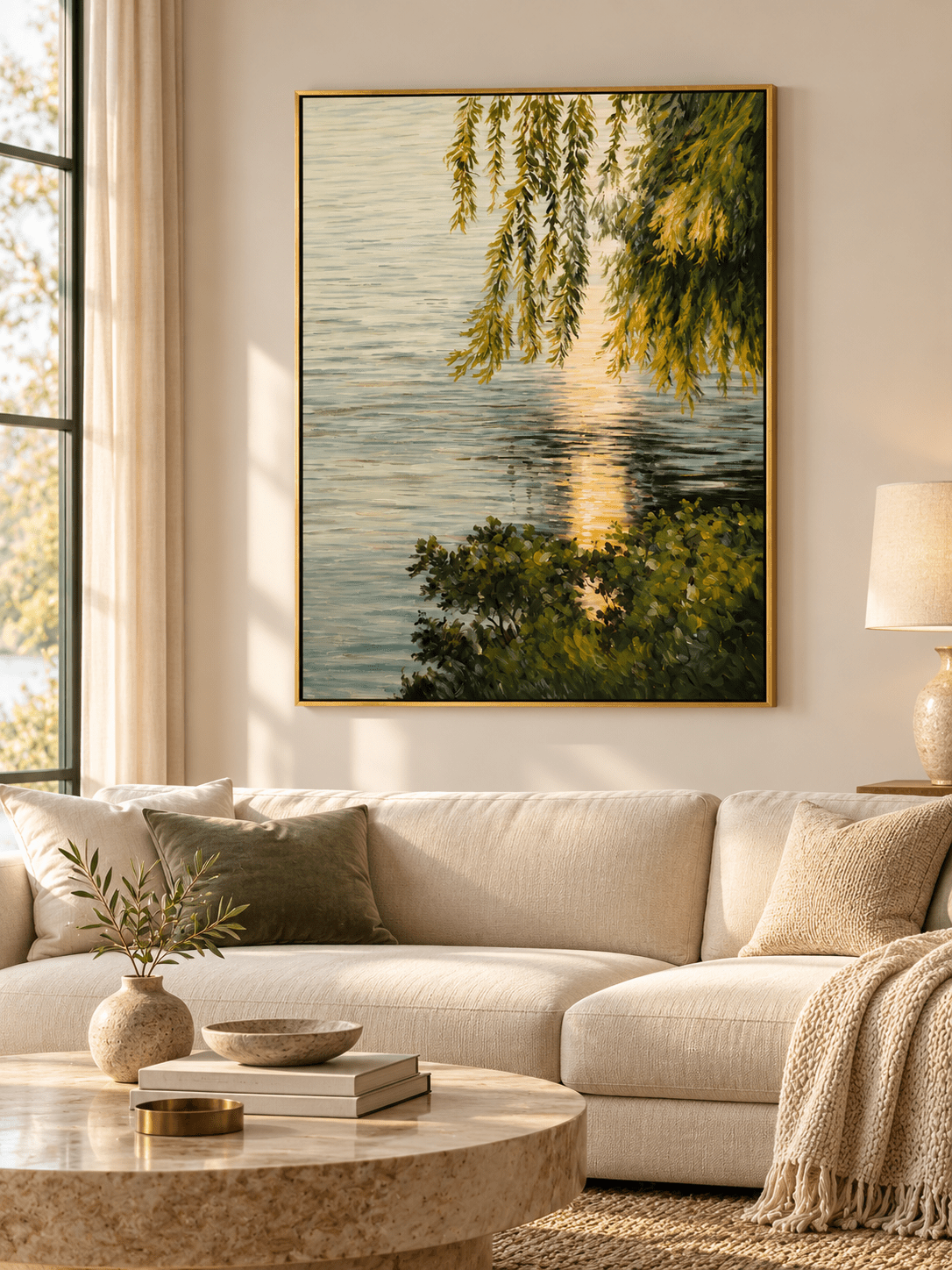 Impressionist willow lake canvas painting with golden sunlight and green foliage displayed in a modern neutral living room.