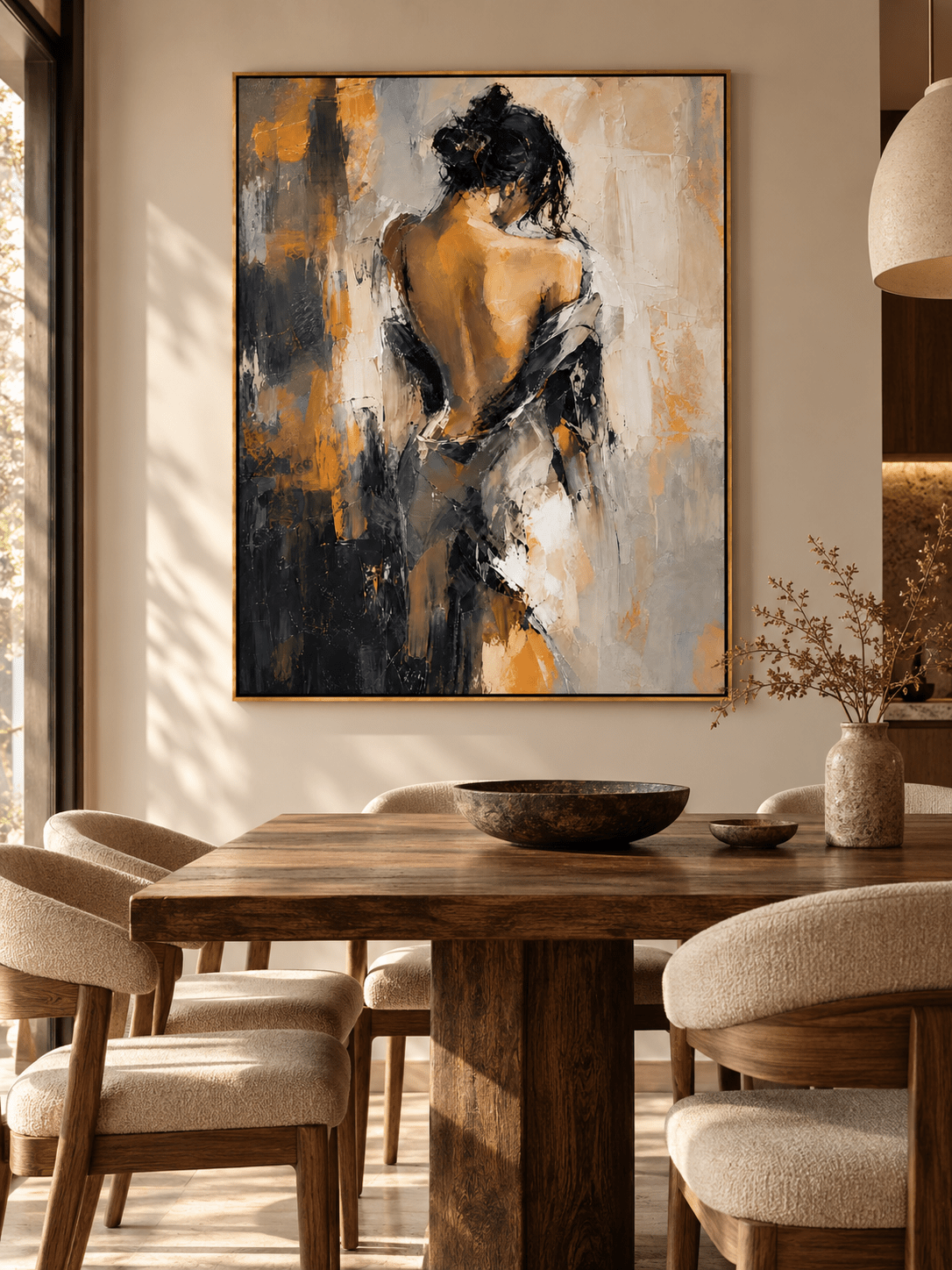 Hand-painted abstract female figure wall art displayed in a contemporary open dining room with neutral decor.