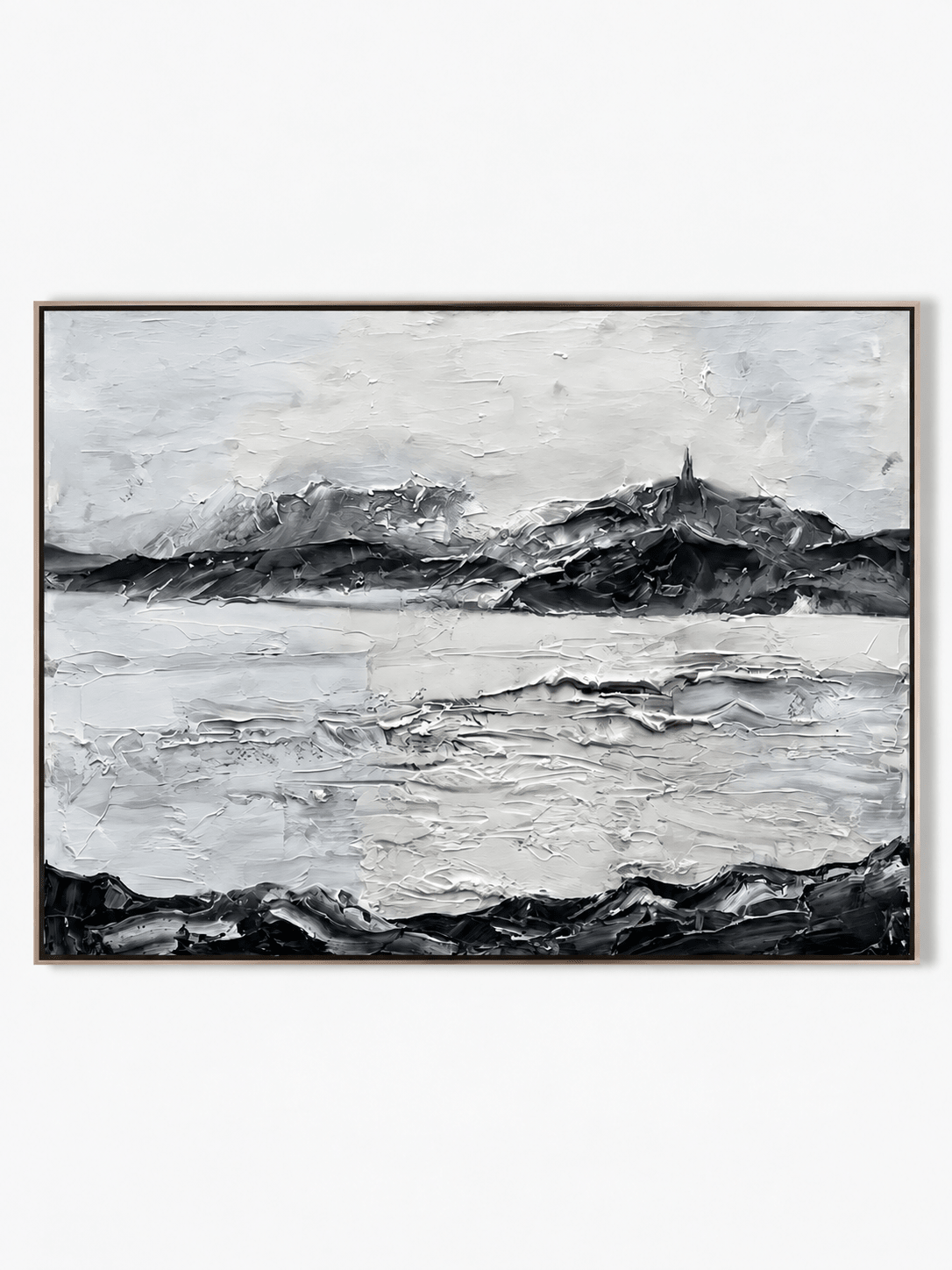 Wabi-Sabi horizontal snowy mountain waterscape 3D textured hand-painted canvas art by Evelyn Li in floating frame