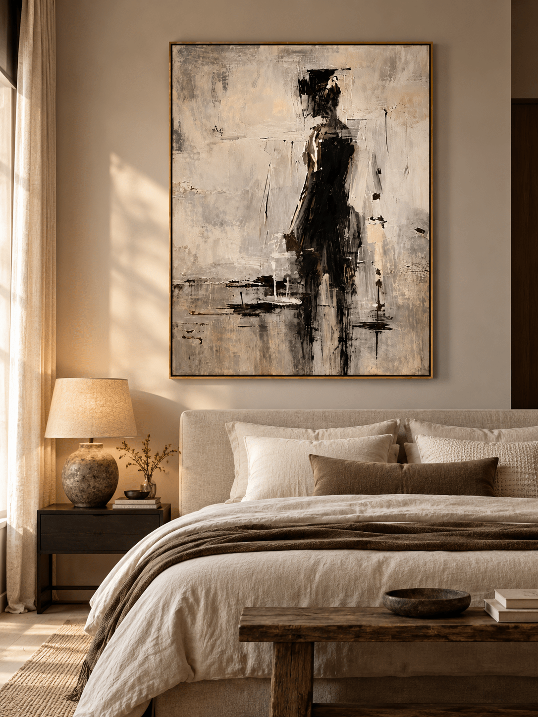 Neutral figurative wall art featuring a woman in a black dress displayed in a sophisticated modern bedroom.