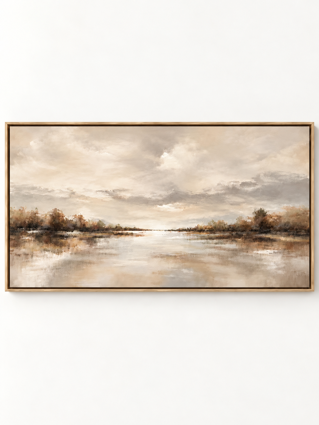 Minimalist horizontal autumn river landscape oil painting on canvas by Evelyn Li - WABI Wall Art