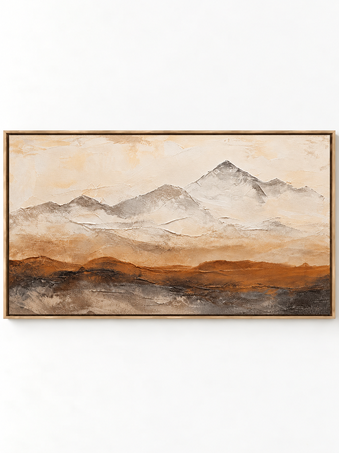 Hand-painted textured Wabi-Sabi mountain landscape in beige, rust brown and charcoal tones by Evelyn Li.