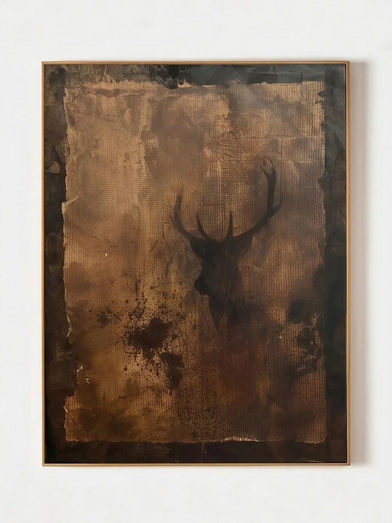 Hand-painted rustic deer silhouette wall art featuring textured brown and copper tones on canvas, wildlife-inspired artwork for living room, lodge, cabin, and farmhouse decor.