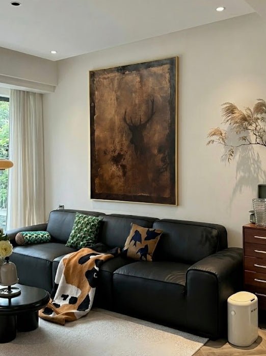 Hand-painted rustic deer silhouette wall art featuring textured brown and copper tones on canvas, wildlife-inspired artwork for living room, lodge, cabin, and farmhouse decor.